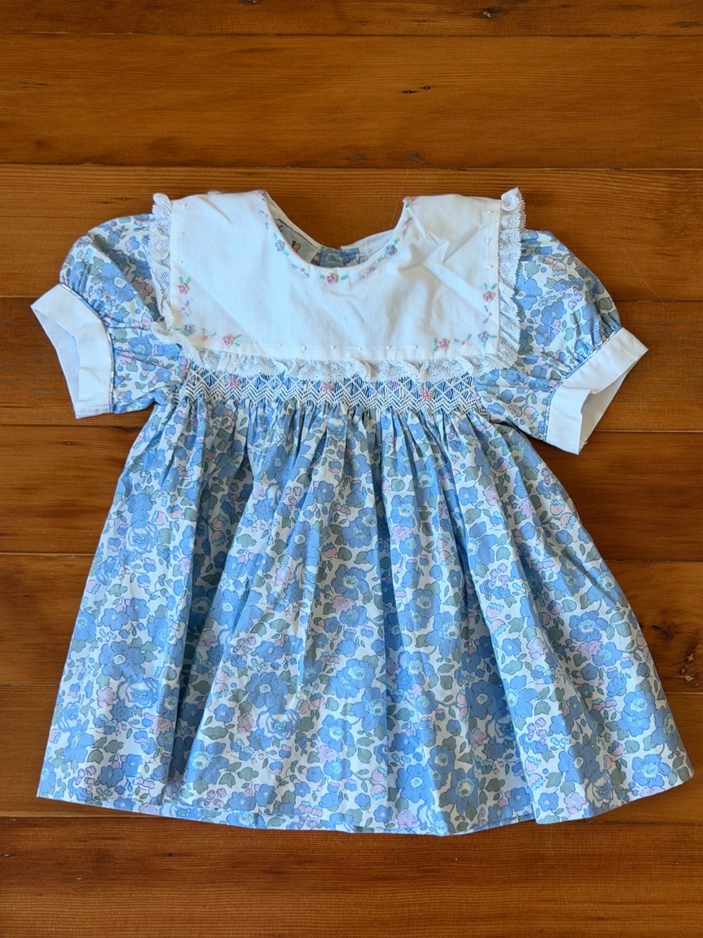 Vintage Baby Kisses Blue Floral Smocked Baby Dress with White Bib Size 12M
